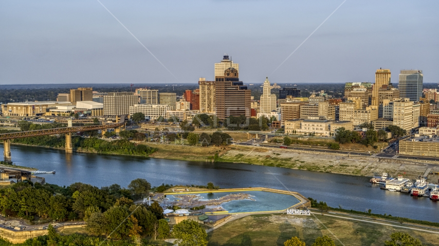 Raymond James Tower and the skyline at sunset, Downtown Memphis, Tennessee Aerial Stock Photo DXP002_186_0001 | Axiom Images