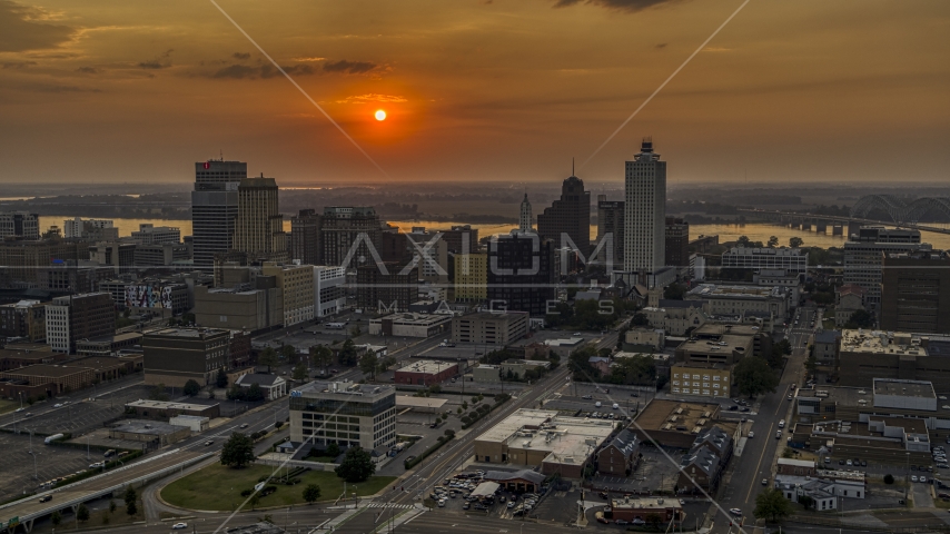 The city skyline and the setting sun, Downtown Memphis, Tennessee Aerial Stock Photo DXP002_186_0002 | Axiom Images