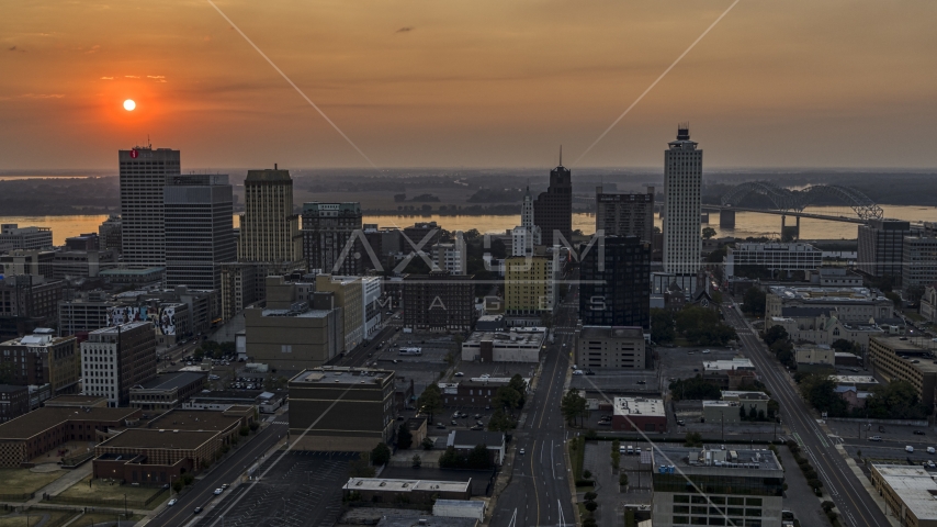 The downtown skyline and the setting sun, Downtown Memphis, Tennessee Aerial Stock Photo DXP002_186_0003 | Axiom Images