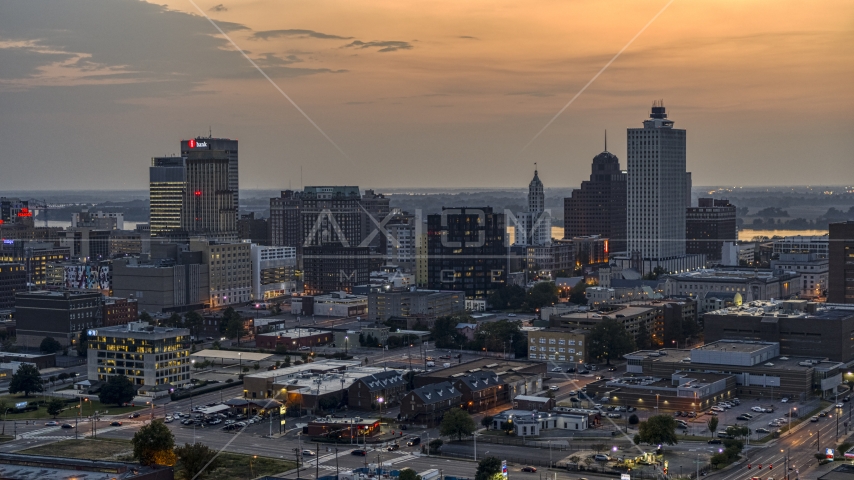 The city's downtown skyline at twilight, Downtown Memphis, Tennessee Aerial Stock Photo DXP002_187_0001 | Axiom Images