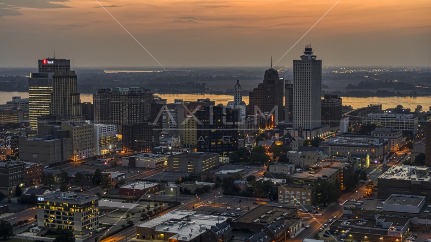 A view of the city's downtown skyline at twilight, Downtown Memphis, Tennessee Aerial Stock Photo DXP002_187_0002 | Axiom Images