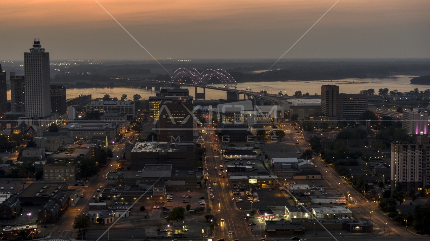 The Hernando de Soto Bridge, seen from Downtown Memphis, Tennessee at twilight Aerial Stock Photo DXP002_187_0003 | Axiom Images