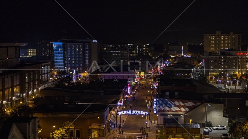 Busy Beale Street at nighttime, Downtown Memphis, Tennessee Aerial Stock Photo DXP002_188_0002 | Axiom Images