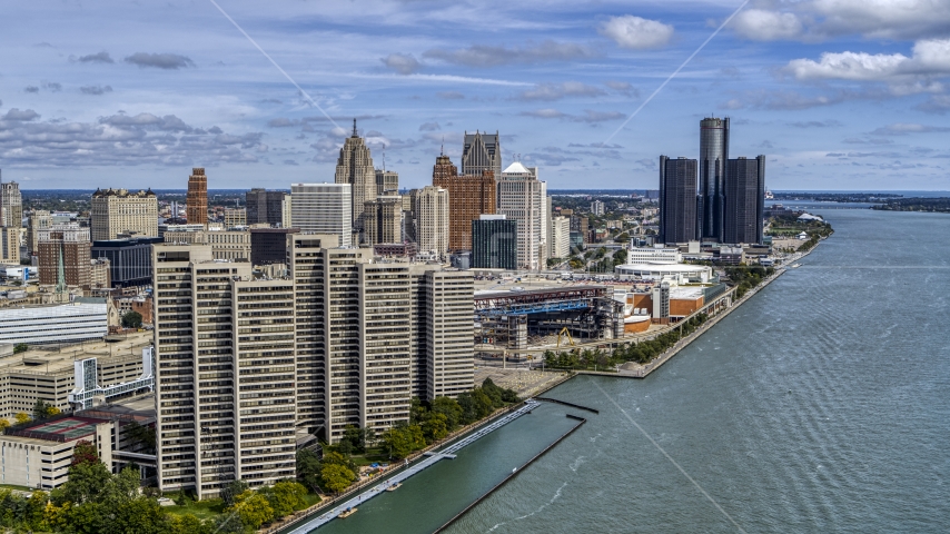 The skyline seen from the river, Downtown Detroit, Michigan Aerial Stock Photo DXP002_189_0001 | Axiom Images