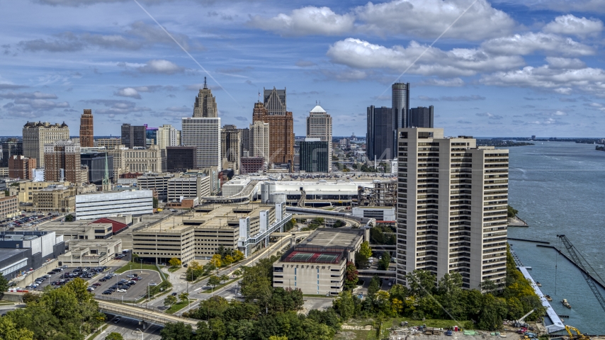 The skyline in the distance seen from apartment complex, Downtown Detroit, Michigan Aerial Stock Photo DXP002_189_0002 | Axiom Images