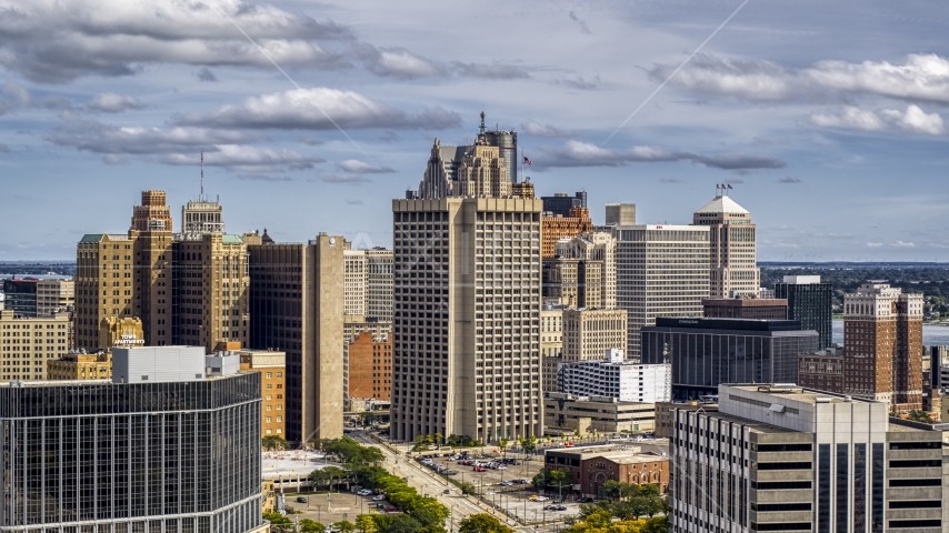 Federal building and skyscrapers in Downtown Detroit, Michigan Aerial Stock Photo DXP002_189_0004 | Axiom Images