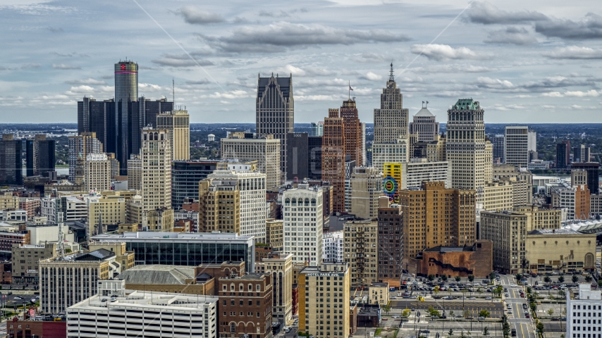 A wide view of the city's downtown skyline, Downtown Detroit, Michigan Aerial Stock Photo DXP002_190_0011 | Axiom Images