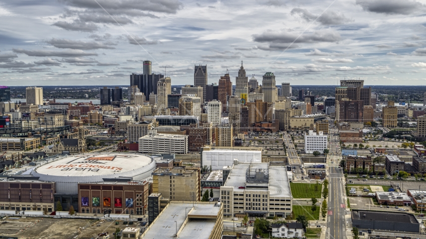 A wide view of the city's downtown skyline and arena, Downtown Detroit, Michigan Aerial Stock Photo DXP002_191_0001 | Axiom Images