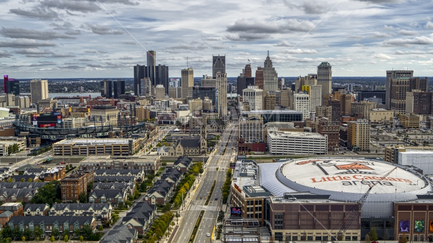 The city's downtown skyline seen from Little Caesars Arena, Downtown Detroit, Michigan Aerial Stock Photo DXP002_191_0002 | Axiom Images