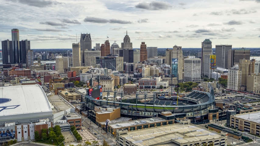 A view of baseball stadium and skyline, Downtown Detroit, Michigan Aerial Stock Photo DXP002_191_0003 | Axiom Images