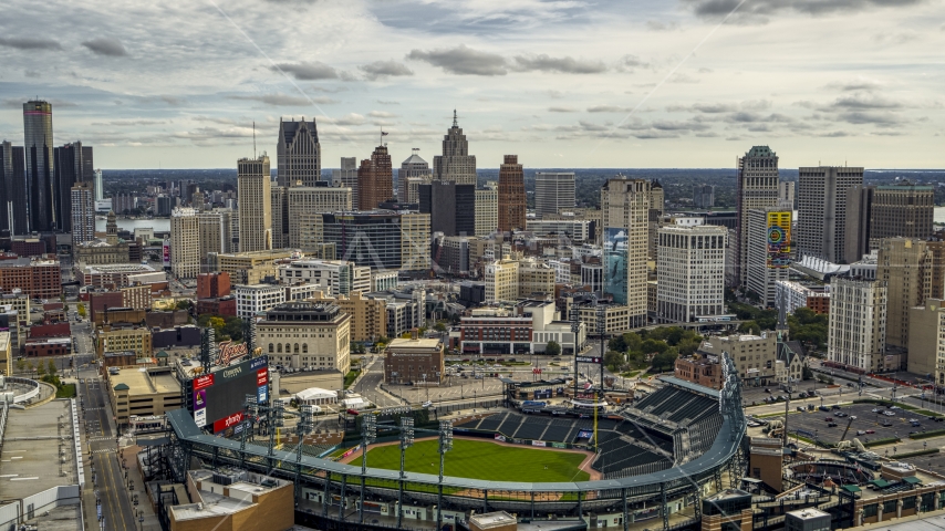 Comerica Park baseball stadium and the skyline, Downtown Detroit, Michigan Aerial Stock Photo DXP002_191_0005 | Axiom Images