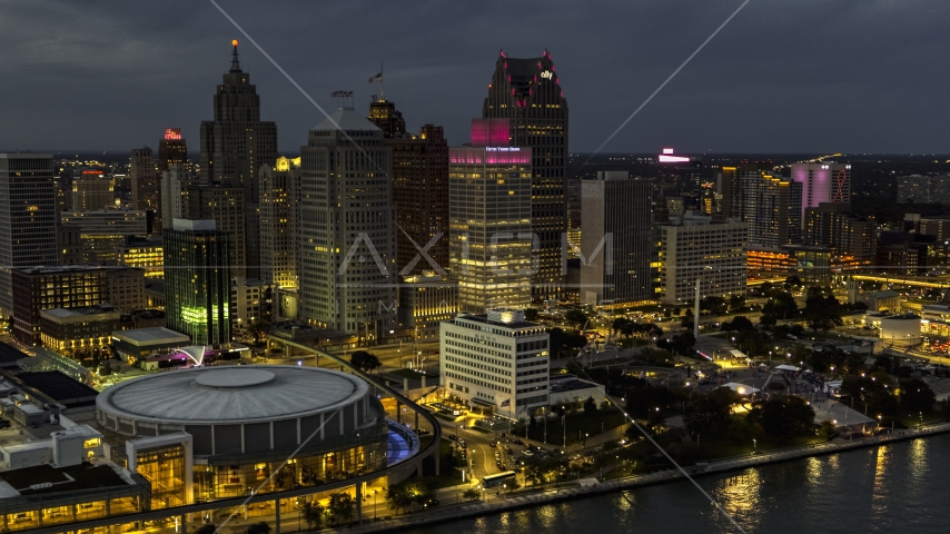 The city's skyscrapers at twilight in Downtown Detroit, Michigan Aerial Stock Photo DXP002_193_0004 | Axiom Images