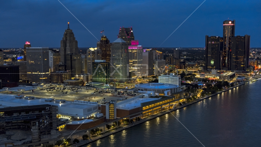 Skyscrapers and convention center at twilight, Downtown Detroit, Michigan Aerial Stock Photo DXP002_193_0005 | Axiom Images