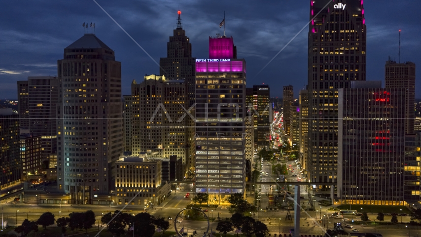 The One Woodward Avenue skyscraper at twilight, Downtown Detroit, Michigan Aerial Stock Photo DXP002_193_0008 | Axiom Images
