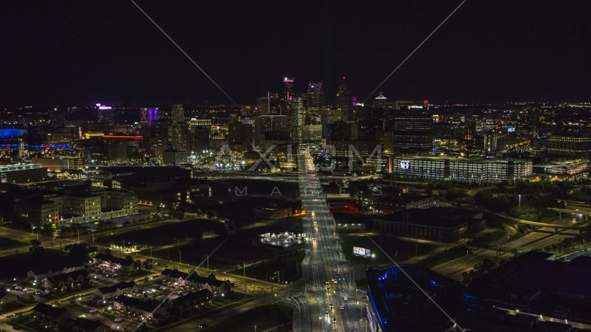 A wide view of the city's skyline at night, Downtown Detroit, Michigan Aerial Stock Photo DXP002_193_0011 | Axiom Images