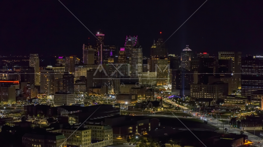 The skyline at the end of Grand River Avenue at night, Downtown Detroit, Michigan Aerial Stock Photo DXP002_193_0012 | Axiom Images