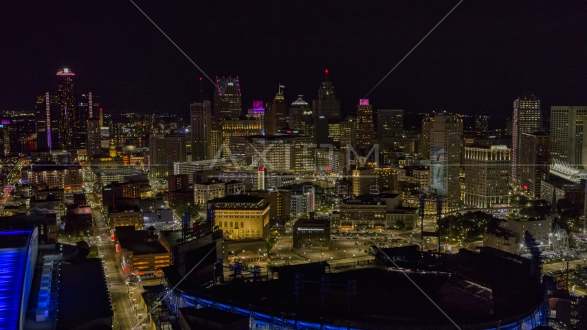 The city's skyline and baseball stadium at night, Downtown Detroit, Michigan Aerial Stock Photo DXP002_193_0014 | Axiom Images