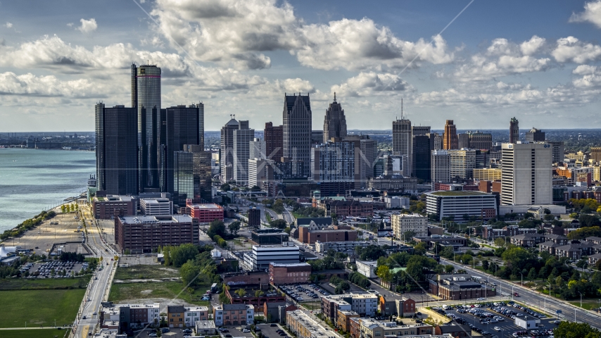 GM Renaissance Center and the city's skyline, Downtown Detroit, Michigan Aerial Stock Photo DXP002_194_0001 | Axiom Images