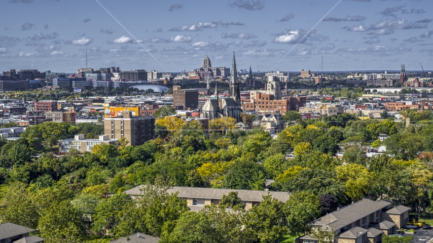 A view over trees of the St. Joseph Oratory church, Detroit, Michigan Aerial Stock Photo DXP002_194_0009 | Axiom Images