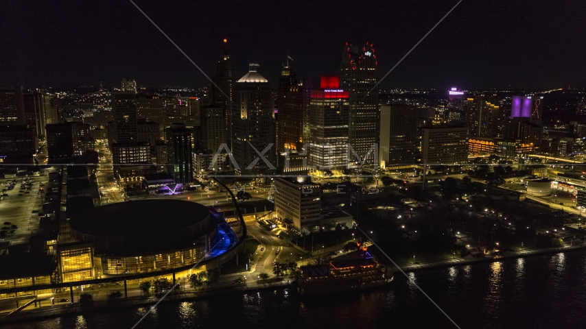 Towering skyscrapers and Hart Plaza at night, Downtown Detroit, Michigan Aerial Stock Photo DXP002_199_0002 | Axiom Images