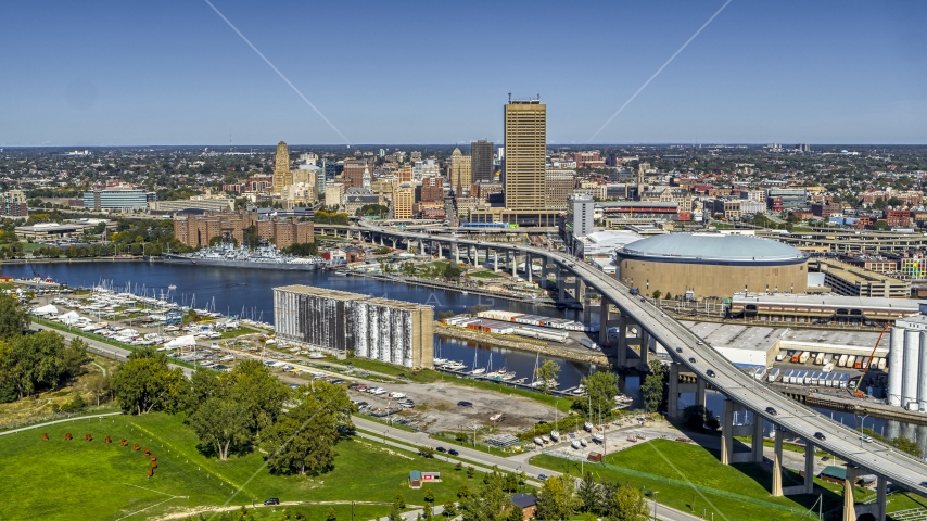 The Buffalo Skyway over the river and Seneca One Tower, Downtown Buffalo, New York Aerial Stock Photo DXP002_200_0001 | Axiom Images