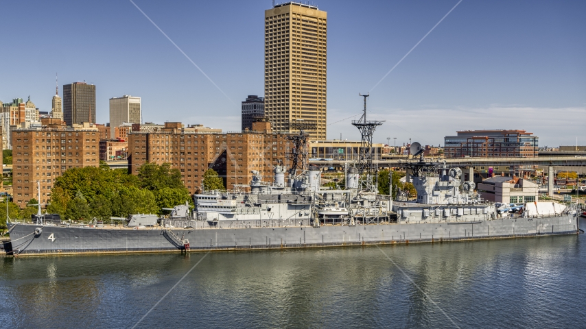 The USS Little Rock in Downtown Buffalo, New York Aerial Stock Photo DXP002_200_0005 | Axiom Images