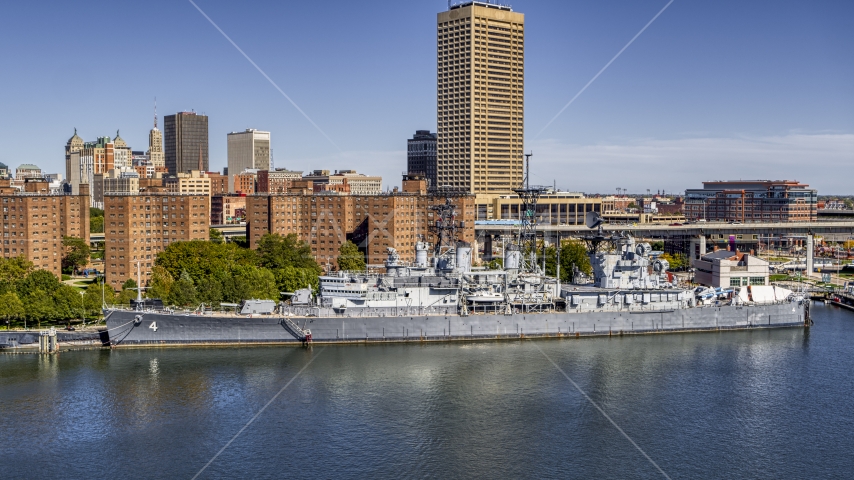 A view of the USS Little Rock in Downtown Buffalo, New York Aerial Stock Photo DXP002_200_0006 | Axiom Images