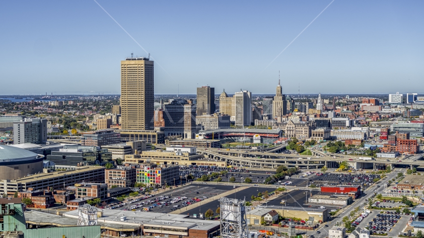 The city's skyline behind Sahlen Field, Downtown Buffalo, New York Aerial Stock Photo DXP002_201_0001 | Axiom Images