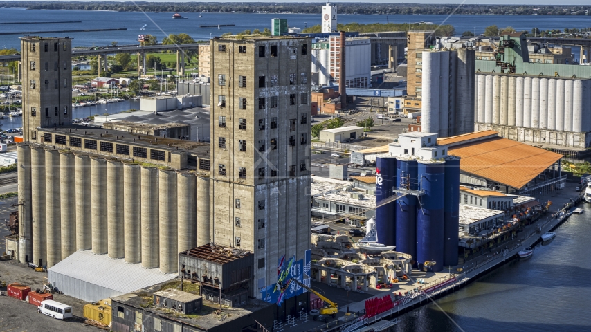 A riverfront grain elevator in Buffalo, New York Aerial Stock Photo DXP002_201_0002 | Axiom Images