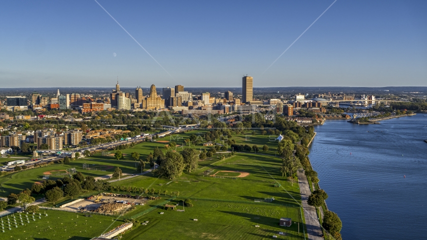 A wide view of the city skyline in Downtown Buffalo, New York Aerial Stock Photo DXP002_203_0002 | Axiom Images