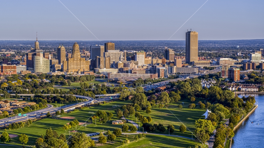 A wide view of the city's skyline at sunset, Downtown Buffalo, New York Aerial Stock Photo DXP002_203_0005 | Axiom Images