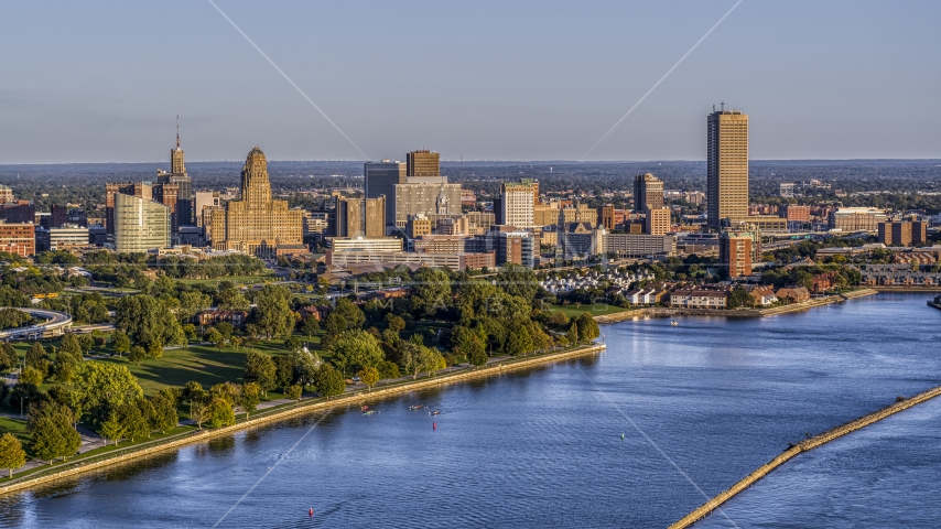 The city's skyline at sunset, seen from Lake Erie, Downtown Buffalo, New York Aerial Stock Photo DXP002_203_0006 | Axiom Images