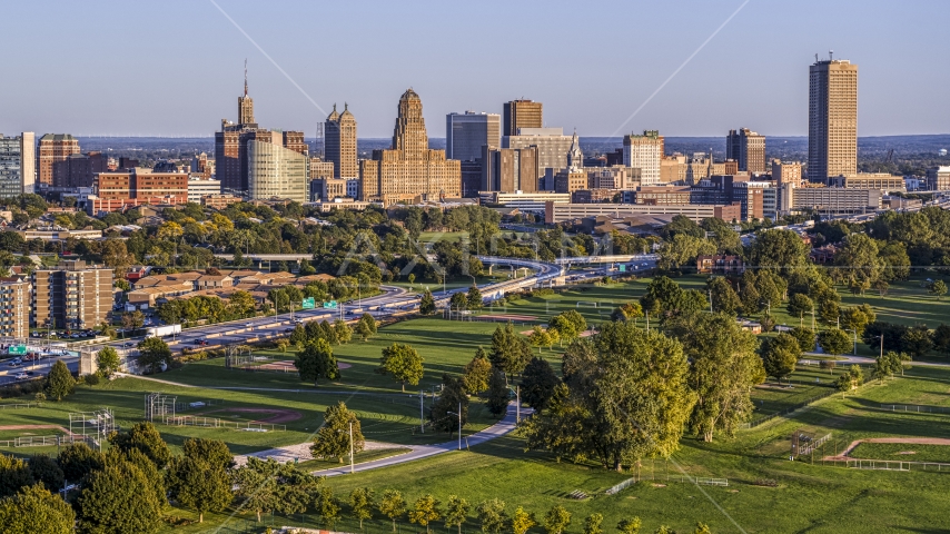 City hall and skyline at sunset, Downtown Buffalo, New York Aerial Stock Photo DXP002_203_0007 | Axiom Images
