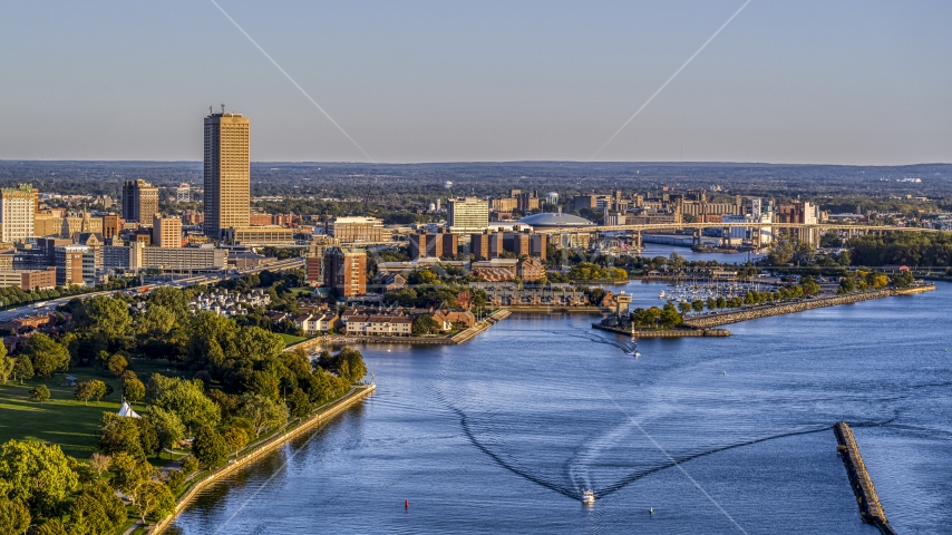 Seneca One Tower and Buffalo River at sunset, Downtown Buffalo, New York Aerial Stock Photo DXP002_203_0008 | Axiom Images