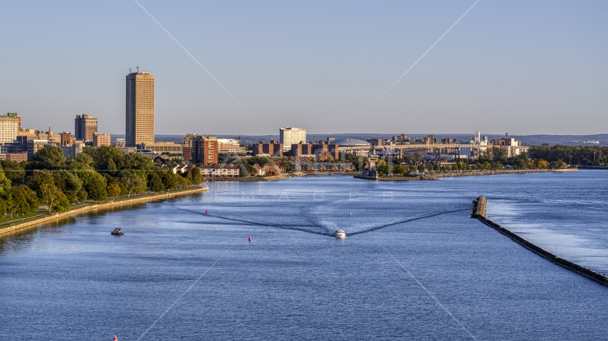 Seneca One Tower near the Buffalo River at sunset, Downtown Buffalo, New York Aerial Stock Photo DXP002_203_0009 | Axiom Images