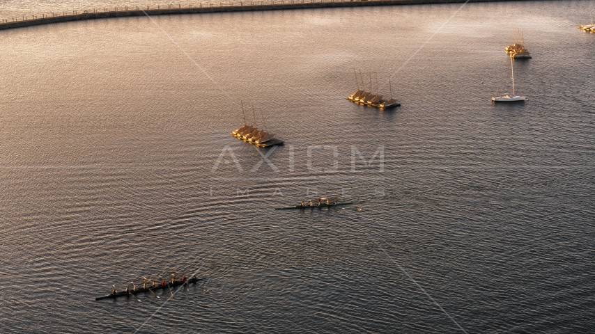 Two rowboats on Lake Erie at sunset, Buffalo, New York Aerial Stock Photo DXP002_203_0010 | Axiom Images