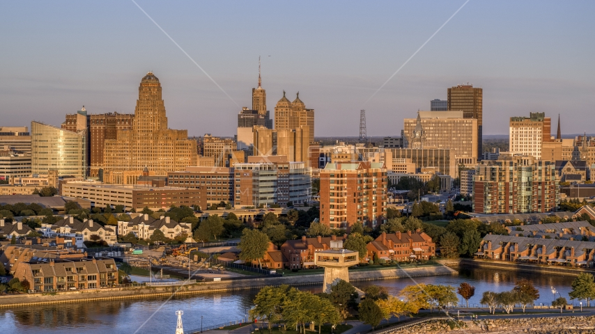 City hall beside courthouse and office buildings at sunset, Downtown Buffalo, New York Aerial Stock Photo DXP002_204_0002 | Axiom Images