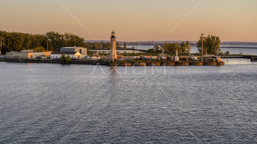 The Lake Erie lighthouse at sunset, Buffalo, New York Aerial Stock Photo DXP002_204_0009 | Axiom Images