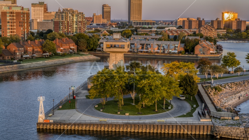 A lakeside observation deck at sunset, Buffalo, New York Aerial Stock Photo DXP002_204_0010 | Axiom Images