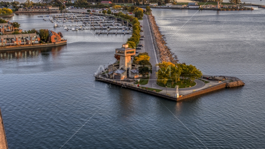 A lakeside observation deck at sunset, Buffalo, New York Aerial Stock Photo DXP002_204_0011 | Axiom Images