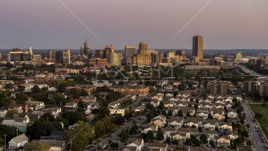 A wide view of the city's skyline at twilight, Downtown Buffalo, New York Aerial Stock Photo DXP002_204_0015 | Axiom Images