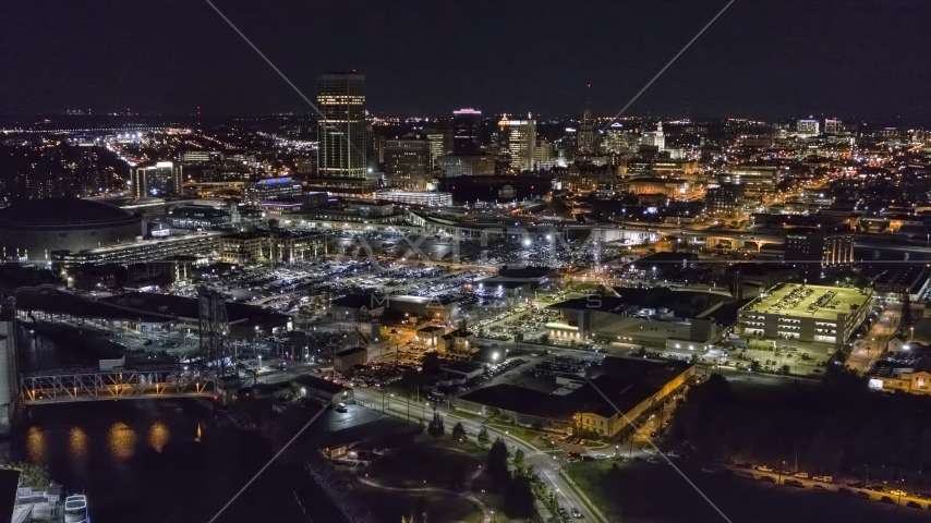 The city skyline at night, Downtown Buffalo, New York Aerial Stock Photo DXP002_205_0001 | Axiom Images