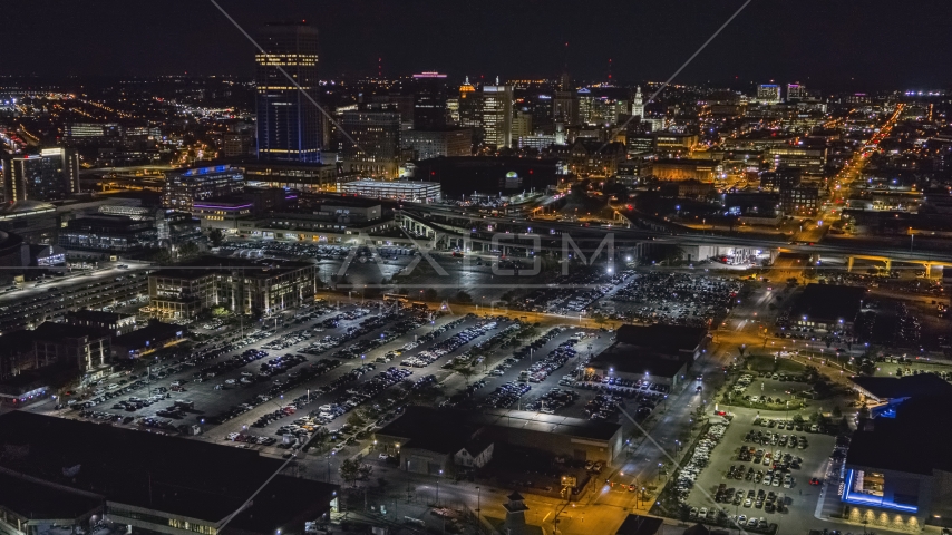 The skyline at night seen from arena parking lots, Downtown Buffalo, New York Aerial Stock Photo DXP002_205_0002 | Axiom Images