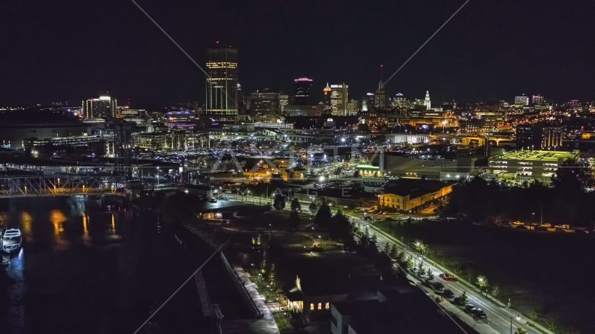 The skyline seen from the river at night, Downtown Buffalo, New York Aerial Stock Photo DXP002_205_0003 | Axiom Images