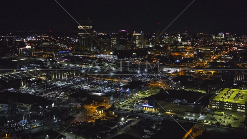 The skyline near arena parking lots at night, Downtown Buffalo, New York Aerial Stock Photo DXP002_205_0004 | Axiom Images