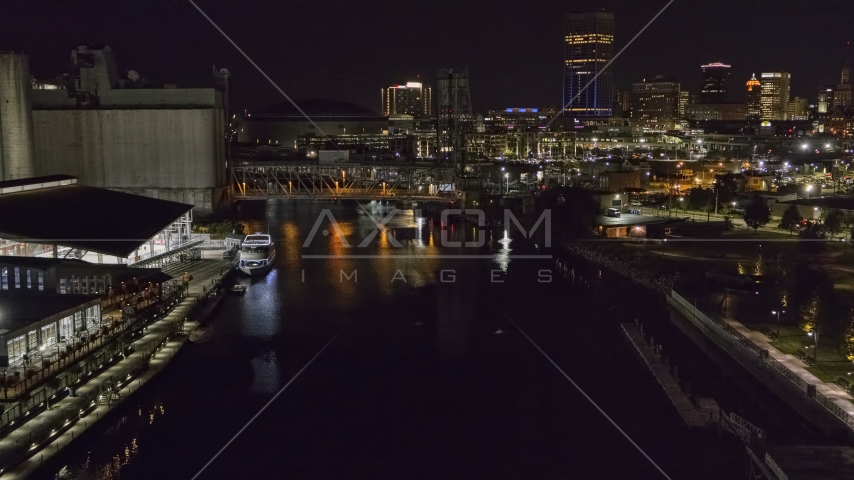 The river toward the downtown skyline at night, Downtown Buffalo, New York Aerial Stock Photo DXP002_205_0005 | Axiom Images