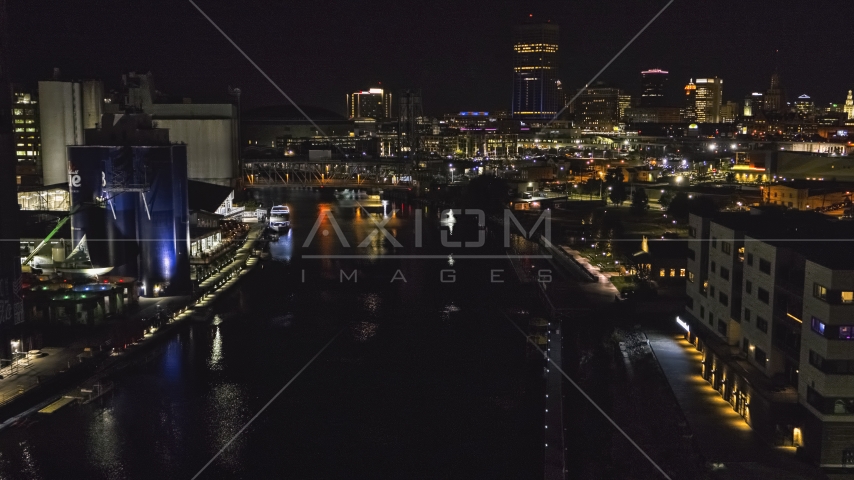 A view of the river toward the downtown skyline at night, Downtown Buffalo, New York Aerial Stock Photo DXP002_205_0006 | Axiom Images