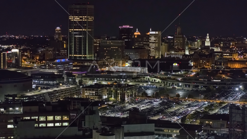 The skyline seen from parking lots at night, Downtown Buffalo, New York Aerial Stock Photo DXP002_205_0007 | Axiom Images