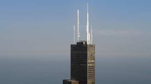 AX0001_110.0000062F - Aerial stock photo of The spires on top of Willis Tower in Downtown Chicago, Illinois