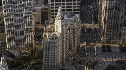 AX0001_117.0000187F - Aerial stock photo of A view of the Wrigley Building in Downtown Chicago, Illinois